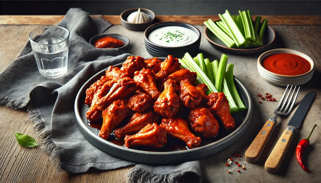 A large tray of buffalo chicken wings covered in a hot, crispy sauce, garnished with celery sticks and ranch dressing. The overall mood of the photo is casual with soft lighting and a backdrop of a modern kitchen or rustic dining table.