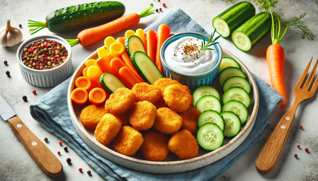 A plate of golden, oven-baked crispy chicken nuggets served with dipping sauce, showcasing a healthy and delicious homemade twist.