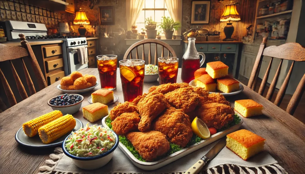A Southern-style fried chicken feast with cornbread and coleslaw.